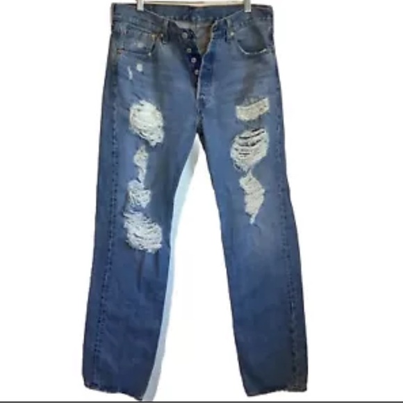 Levi's 501 Denim Blue Men Jeans Distressed/Destroyed 34x34 Straight Button Fly - Picture 3 of 16